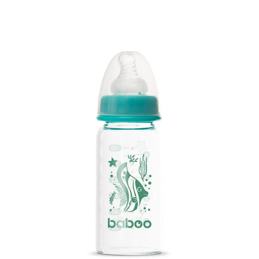 Baboo Anti-colic Glass Feeding Bottle 120 ml Green Sea Life 0+ Months