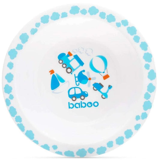 A colourful Baboo bowl made of impact-resistant polypropylene, suitable for babies aged 6 months and up, with illustrations to keep their attention and motivate them to eat.
