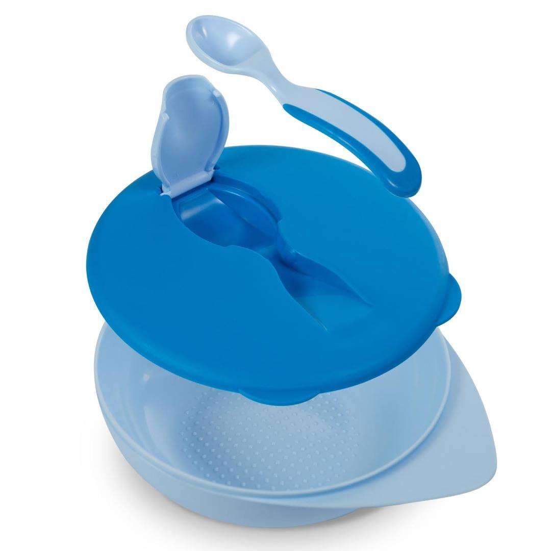 Blue Baboo bowl with cover and spoon, ideal for babies 6+ months