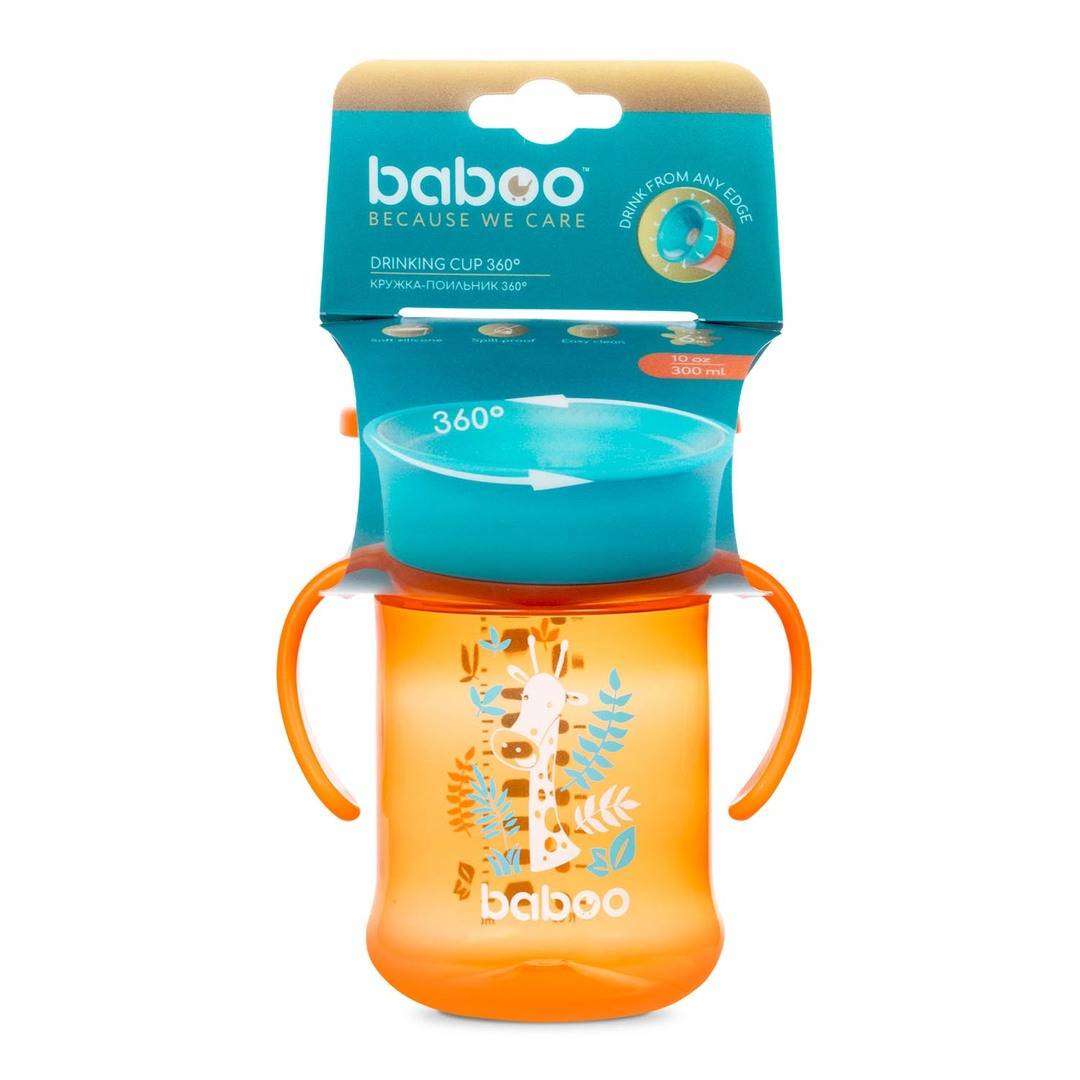 A vibrant Baboo cup with an orange colour, designed to make independent drinking comfortable and easy for babies aged 12 months and up.