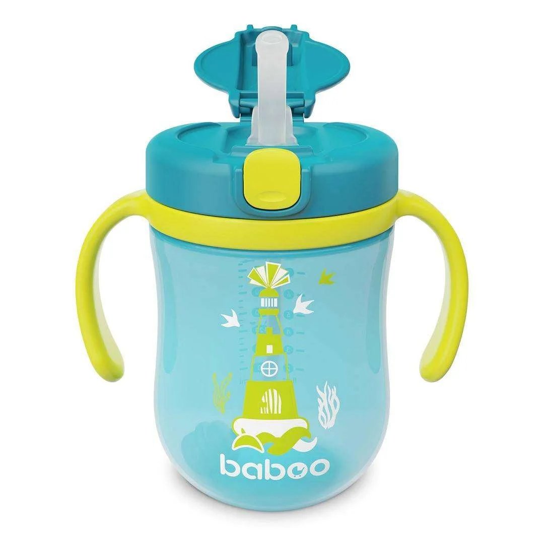 A non-spill Baboo cup with double handles, a flip-top silicone straw, and a capacity of 300ml, suitable for babies aged 9 months and up.