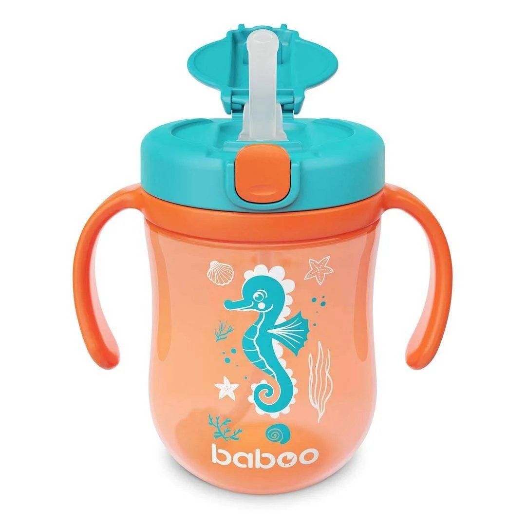 Baboo Cup With Flip Top Silicone Straw And Handles 300ml 9+ Orange