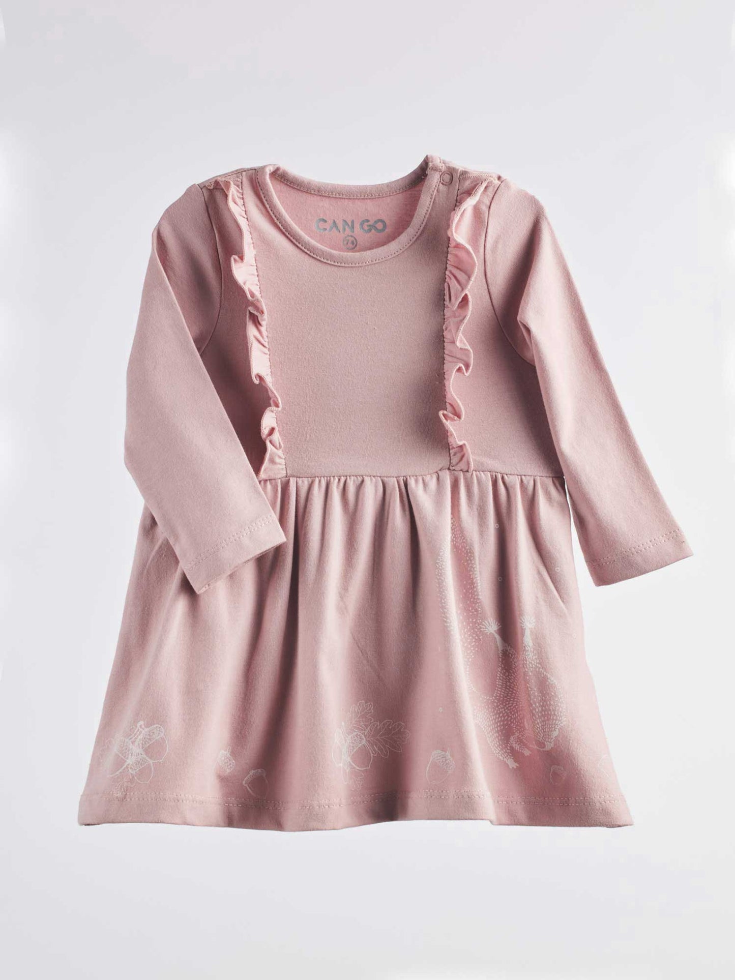 The Baby Dress Squirrel 360 mid-length dress is suitable for any occasion and features a soft, cotton material that is gentle on sensitive skin, along with an inner fuzz lining to provide extra warmth and coziness. Keep your baby snug in style!