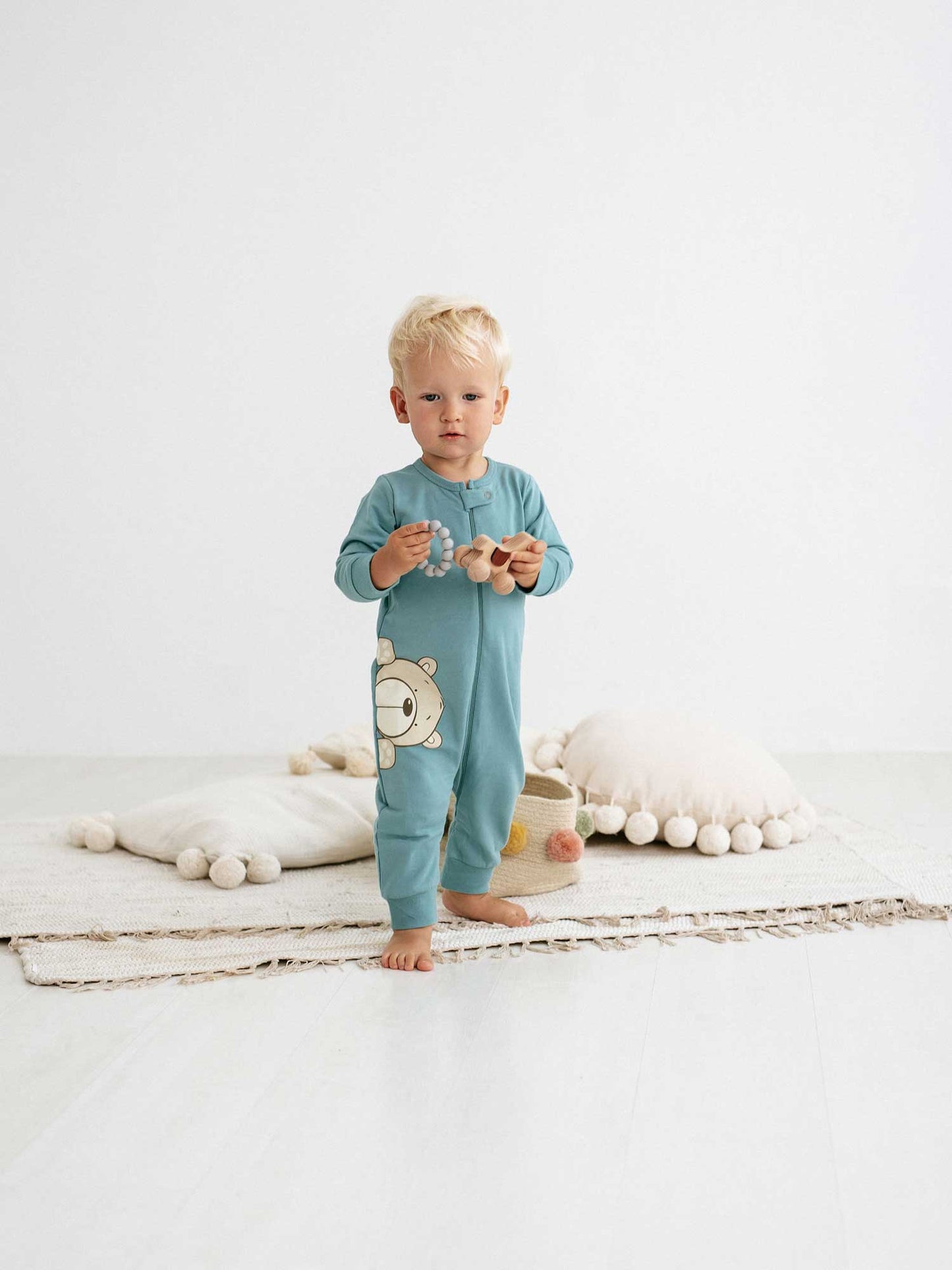 Cute blonde boy wearing Infant Overall Bear and Bunny 378