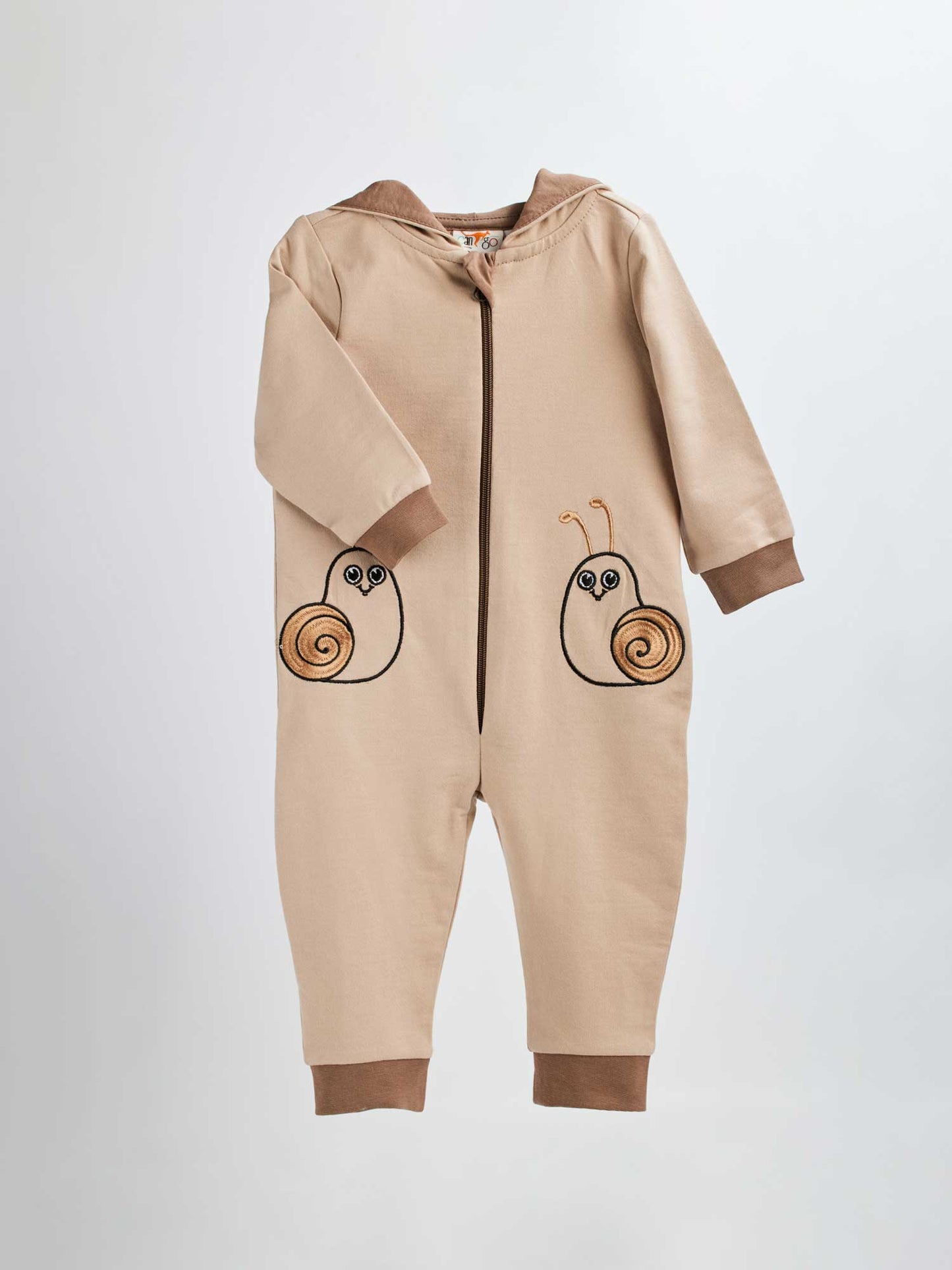 Infant overall snails 287 are one-piece hooded overalls made from high-quality soft cotton material and have embroidered sweet snails on them.