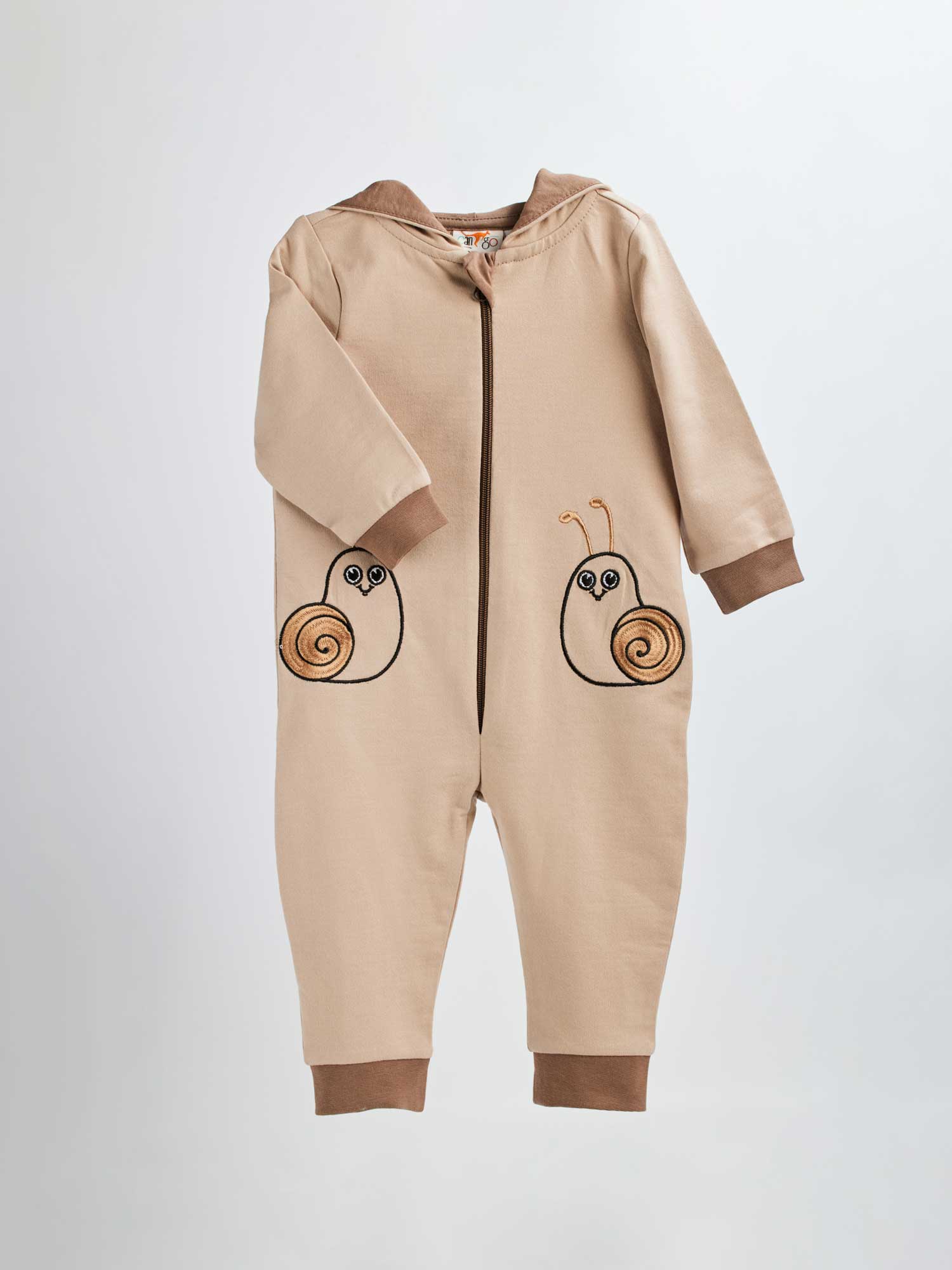 Infant overall snails 287 are one-piece hooded overalls made from high-quality soft cotton material and have embroidered sweet snails on them.