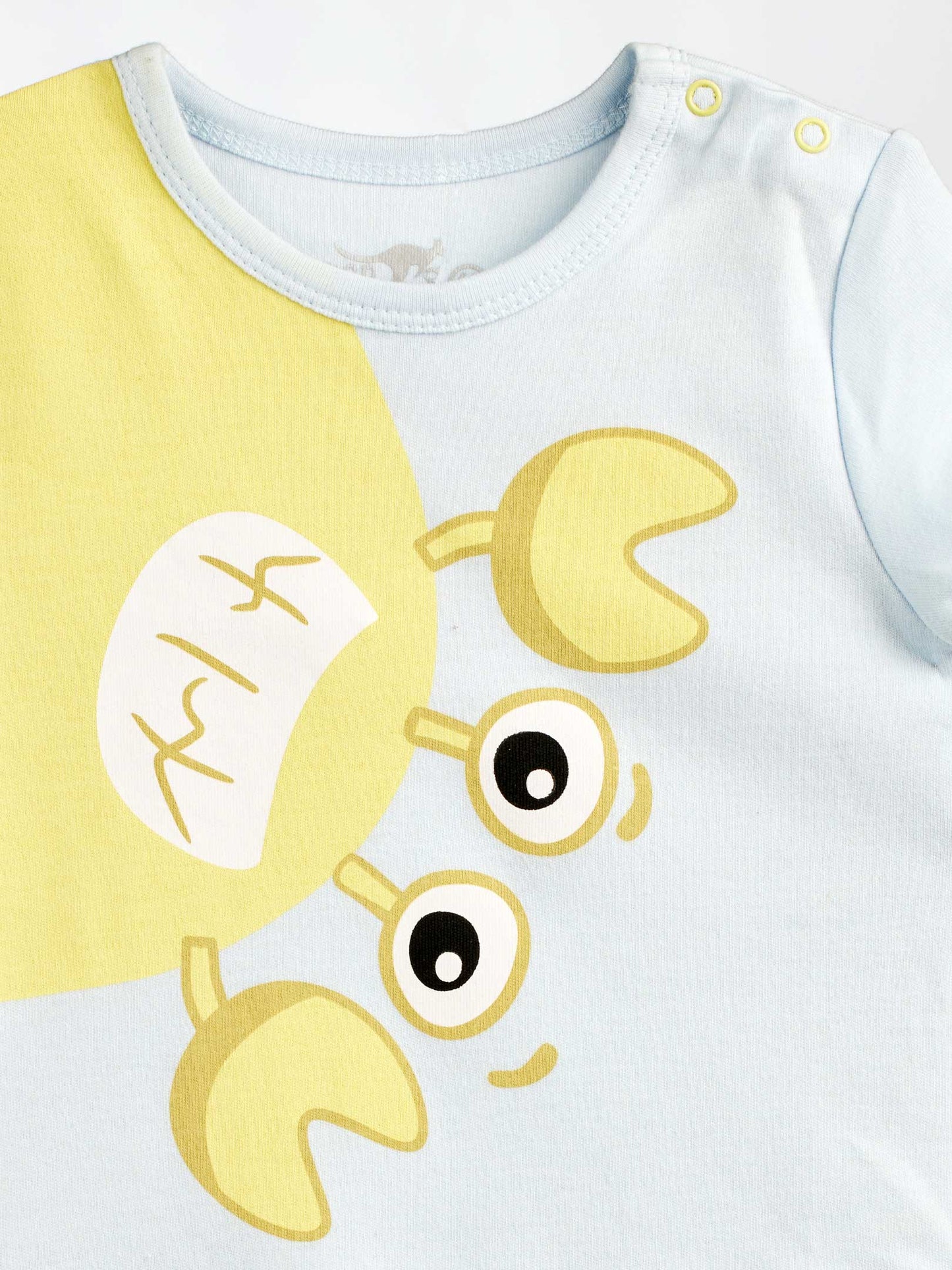 Closeup of infant bodysuit with cute crab that your baby will love! 