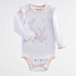 Infant bodysuit with cute squirrel grabbing nuts print, designed in warm and calm colors (white with pink contour) that make your baby feel comfortable and relaxed!