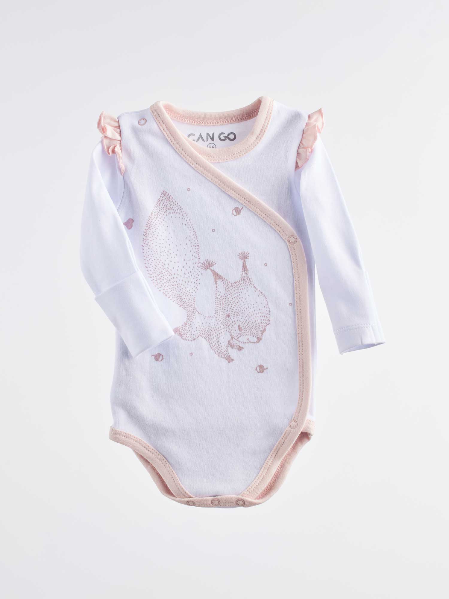 Infant bodysuit with cute squirrel grabbing nuts print, designed in warm and calm colors (white with pink contour) that make your baby feel comfortable and relaxed!