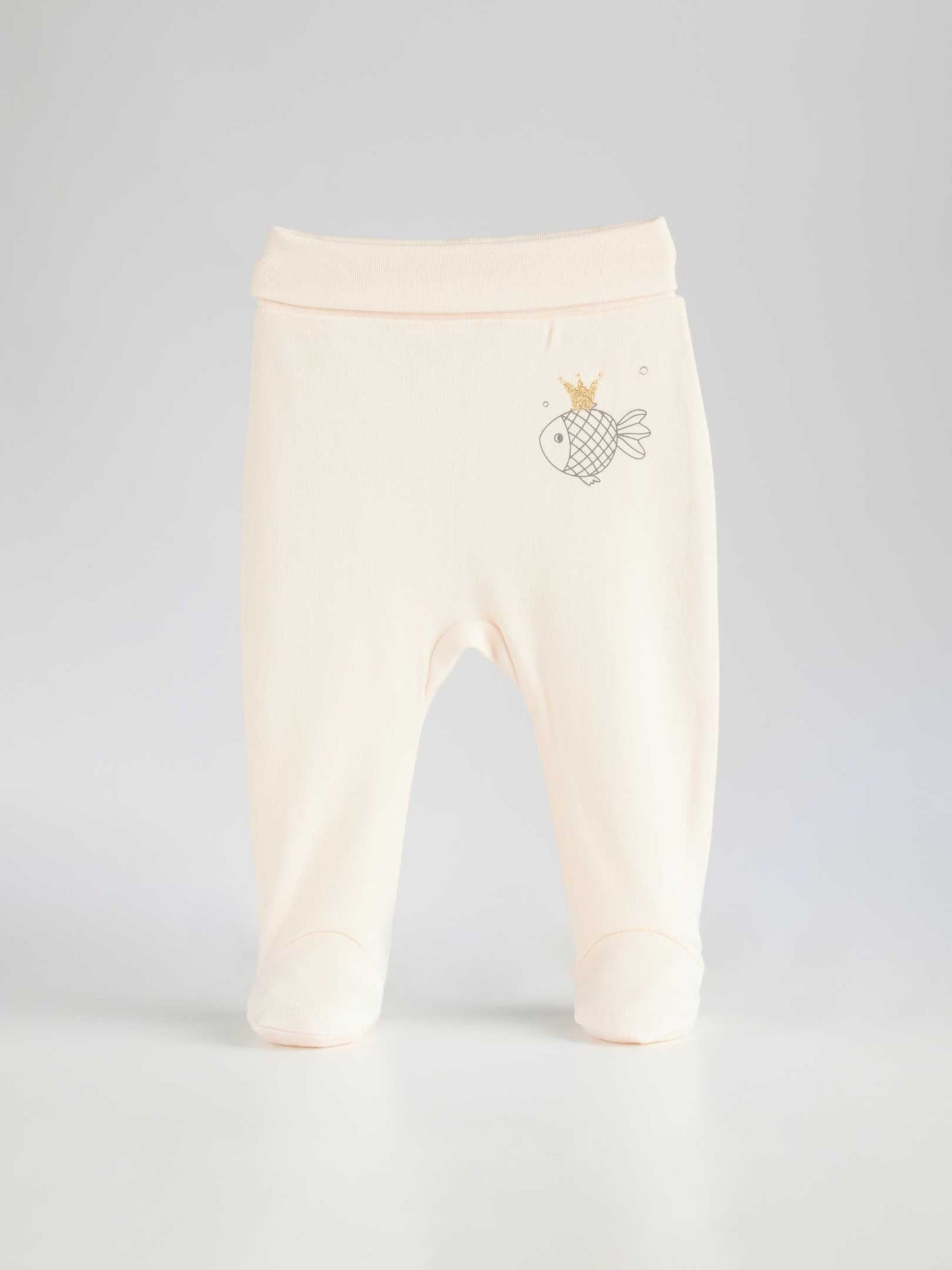 Infant pants model Godl Fish 305 made from high quality 100% cotton have a nice warm color and a cute fish with a golden crown on the left sitde of the pants 