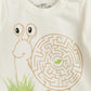The Snail print from newborn pajamas Snails 300 blouse features a cute smiling snail that has the shell drawn like a maze, with a green leaf in center of the shell/maze. Tufts of grass sit in front of the snail.